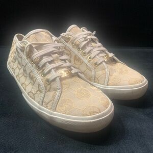 Michael Kors Beige Logo-Print Low-Top Sneakers with Gold Accents